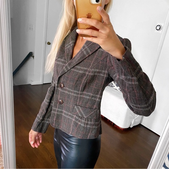 🍂 BETTY BARCLAY GREY RED PLAID WOOL BLEND BLAZER JACKET! - Picture 3 of 15